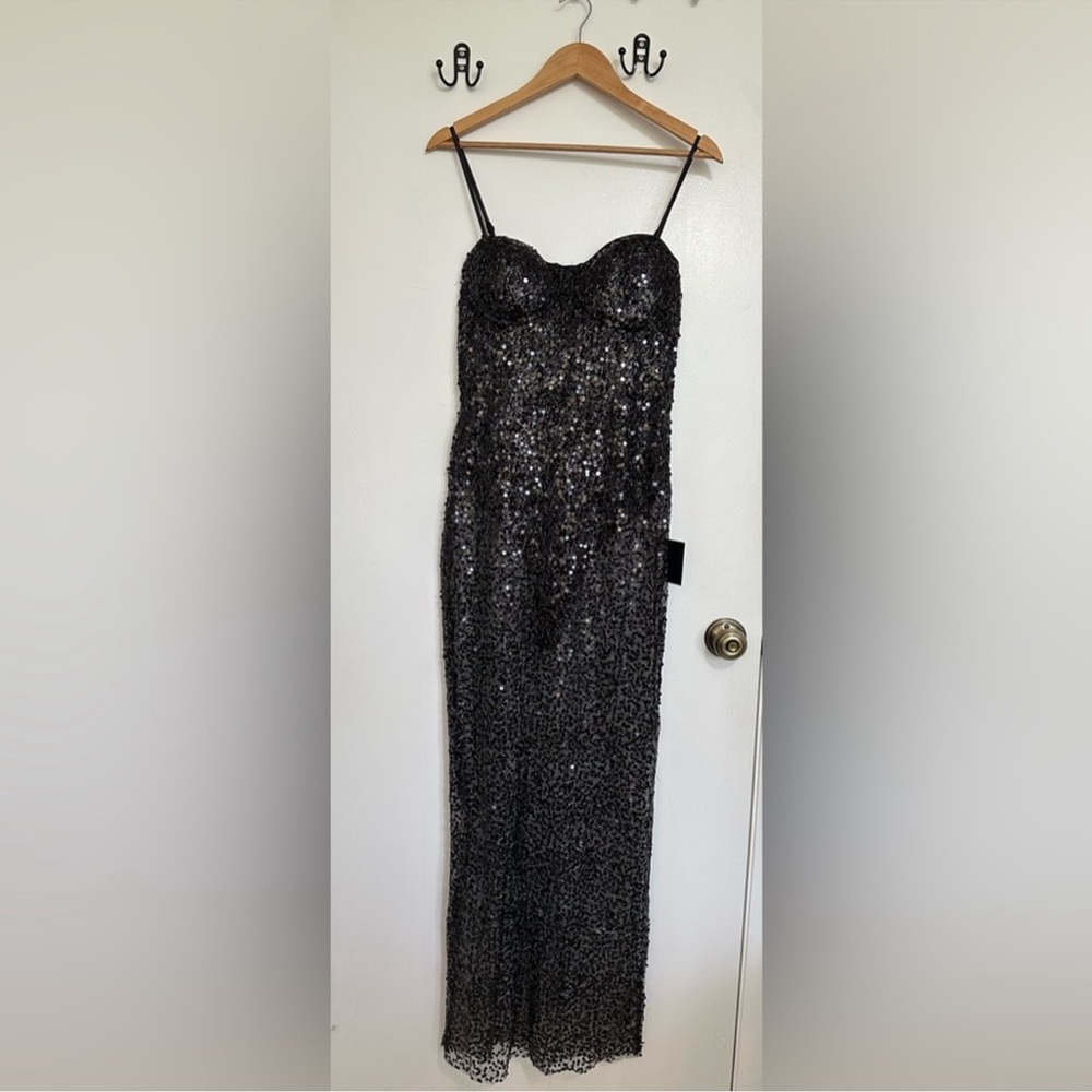 NWT Lulu’s Enticing Mindset Black Sheer Mesh Sequin Lace-Up Maxi Dress - Medium - Picture 10 of 14